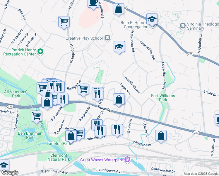 map of restaurants, bars, coffee shops, grocery stores, and more near 136 North Gladden Street in Alexandria