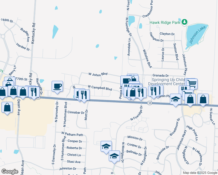 map of restaurants, bars, coffee shops, grocery stores, and more near 1322 West Campbell Boulevard in Raymore