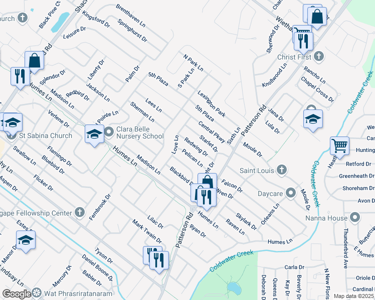 map of restaurants, bars, coffee shops, grocery stores, and more near 755 Pelican Lane in Florissant