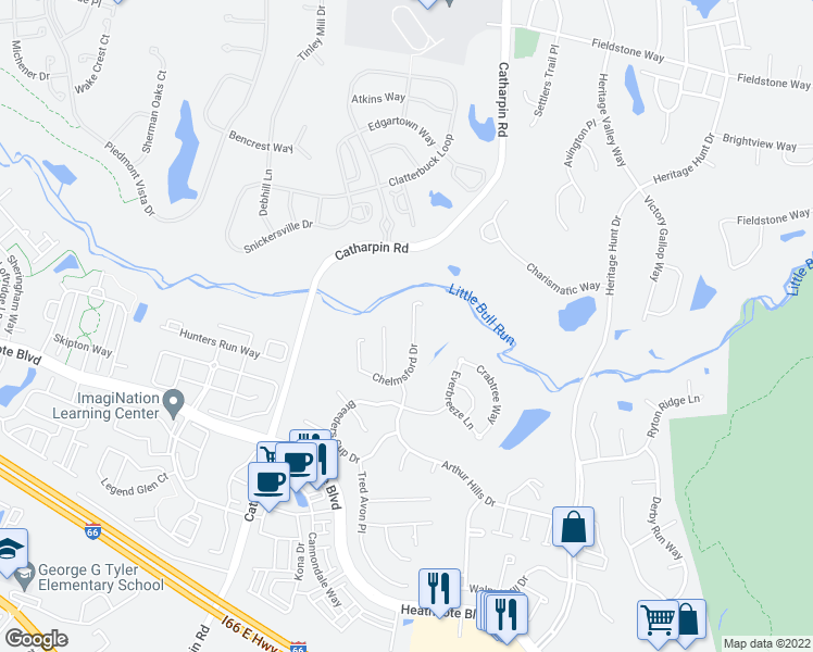map of restaurants, bars, coffee shops, grocery stores, and more near 13890 Chelmsford Drive in Gainesville