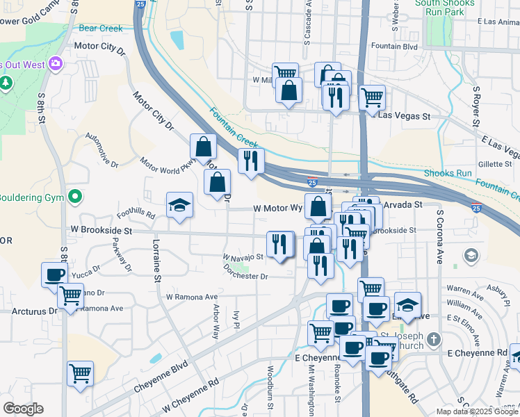 map of restaurants, bars, coffee shops, grocery stores, and more near 56 East Motor Way in Colorado Springs