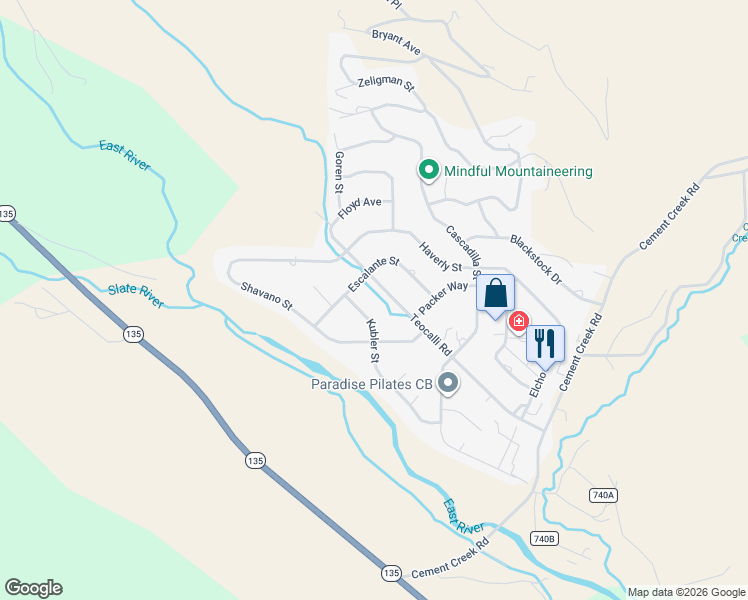 map of restaurants, bars, coffee shops, grocery stores, and more near 526 Teocalli Road in Crested Butte