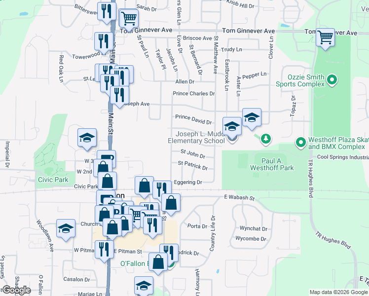 map of restaurants, bars, coffee shops, grocery stores, and more near 410 Prince Ruppert Drive in O'Fallon