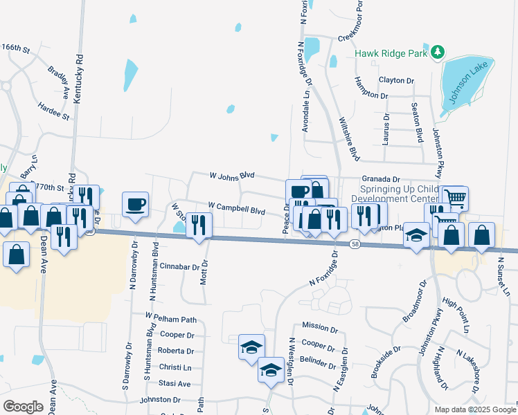 map of restaurants, bars, coffee shops, grocery stores, and more near 1322 West Campbell Boulevard in Raymore