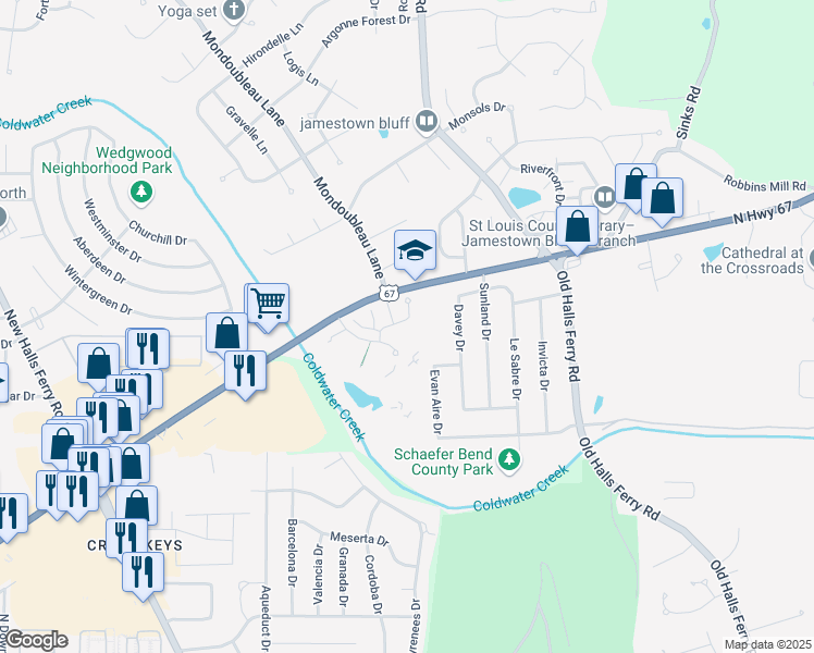 map of restaurants, bars, coffee shops, grocery stores, and more near 3626 Candlewyck Green Ct in Florissant