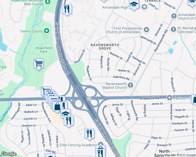 map of restaurants, bars, coffee shops, grocery stores, and more near 7809 Kalorama Road in Annandale