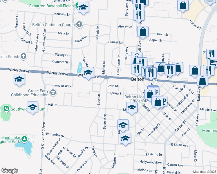 map of restaurants, bars, coffee shops, grocery stores, and more near 107 Baldwin Street in Belton