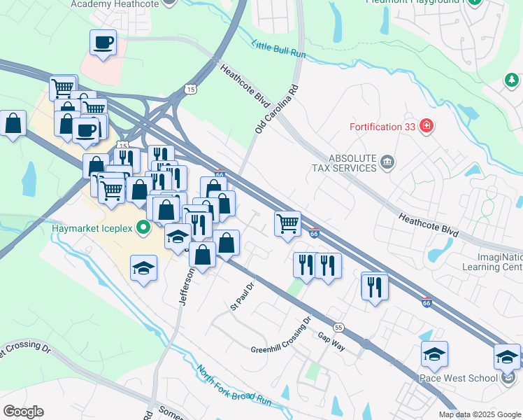 map of restaurants, bars, coffee shops, grocery stores, and more near 6628 Hunting Path Road in Haymarket
