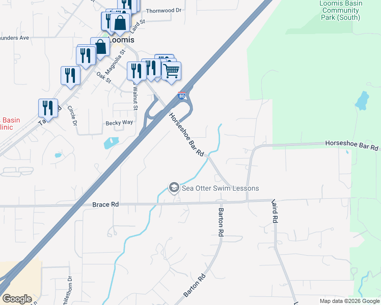 map of restaurants, bars, coffee shops, grocery stores, and more near 6271 Horseshoe Bar Road in Loomis