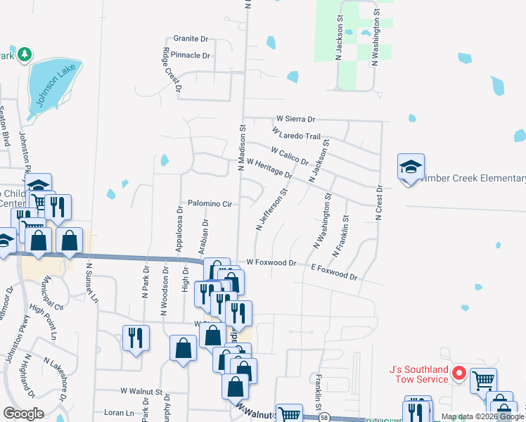 map of restaurants, bars, coffee shops, grocery stores, and more near 508 North Jefferson Street in Raymore