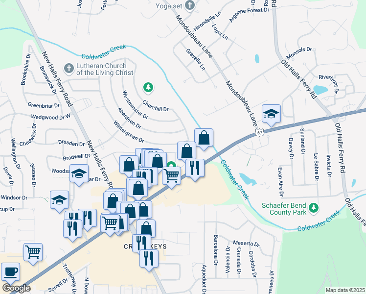 map of restaurants, bars, coffee shops, grocery stores, and more near 3151 Wintergreen Drive in Florissant