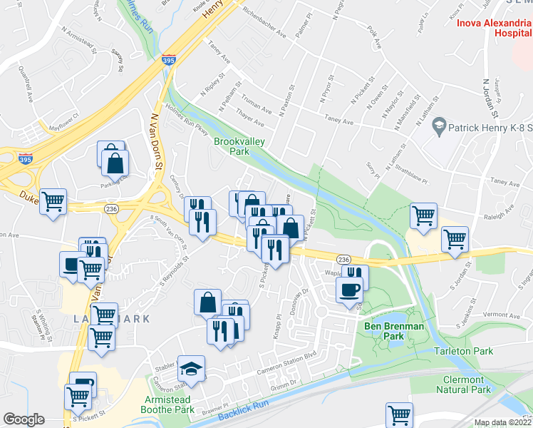 map of restaurants, bars, coffee shops, grocery stores, and more near 33 Canterbury Square in Alexandria