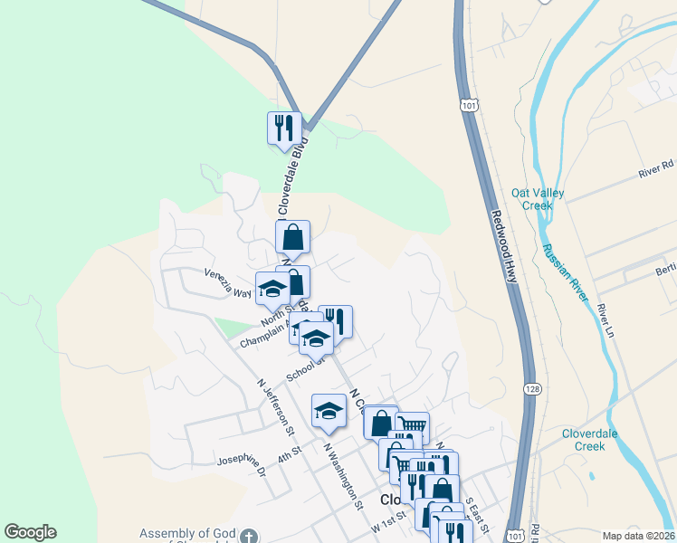 map of restaurants, bars, coffee shops, grocery stores, and more near 101 Kay Street in Cloverdale