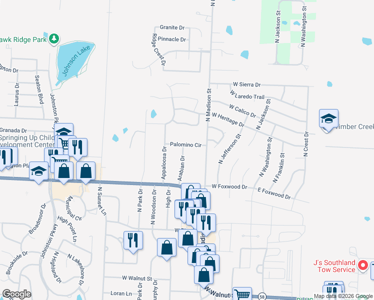 map of restaurants, bars, coffee shops, grocery stores, and more near 407 Arabian Drive in Raymore