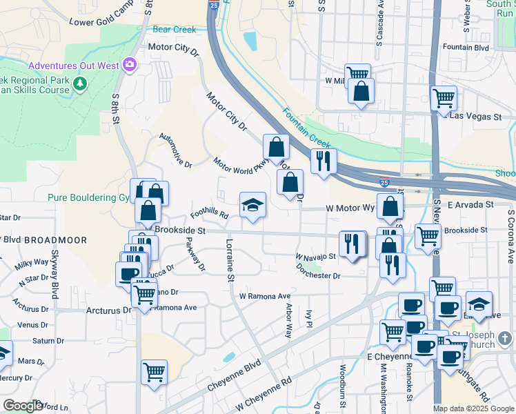 map of restaurants, bars, coffee shops, grocery stores, and more near 320 Crestone Lane in Colorado Springs
