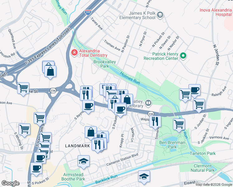map of restaurants, bars, coffee shops, grocery stores, and more near 19 Canterbury Square in Alexandria