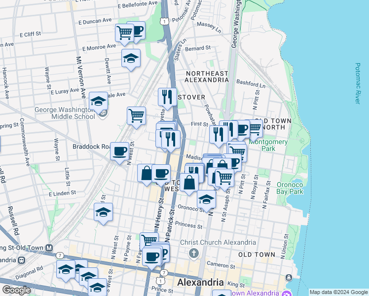 map of restaurants, bars, coffee shops, grocery stores, and more near 815 North Patrick Street in Alexandria