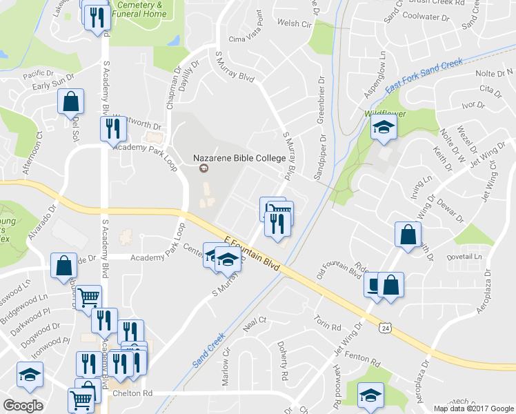 map of restaurants, bars, coffee shops, grocery stores, and more near 1432 Sandalwood Drive in Colorado Springs