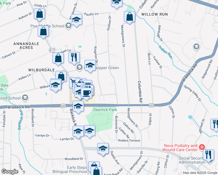 map of restaurants, bars, coffee shops, grocery stores, and more near 6817 Shrine Ct in Annandale