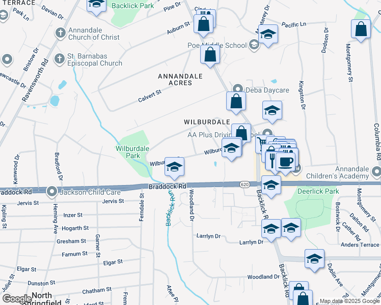 map of restaurants, bars, coffee shops, grocery stores, and more near 7200 Wilburdale Drive in Annandale