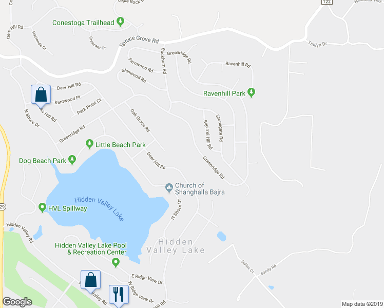 map of restaurants, bars, coffee shops, grocery stores, and more near 17282 Greenridge Road in Hidden Valley Lake