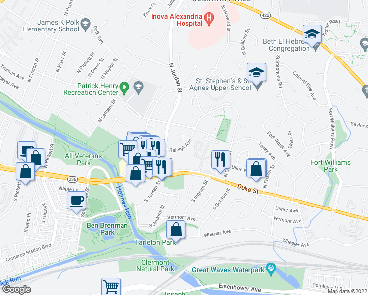 map of restaurants, bars, coffee shops, grocery stores, and more near 4450 Raleigh Avenue in Alexandria