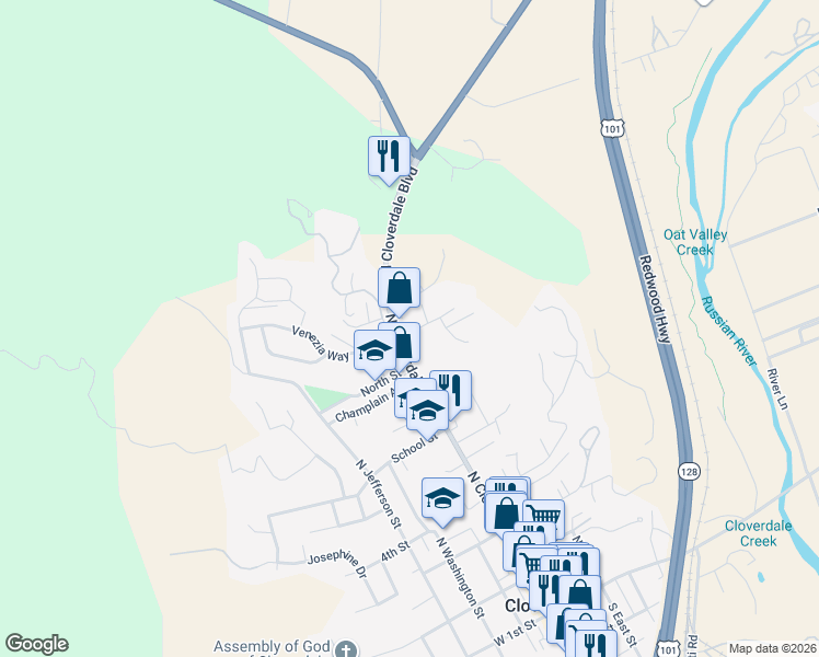 map of restaurants, bars, coffee shops, grocery stores, and more near 110 Shahan Drive in Cloverdale