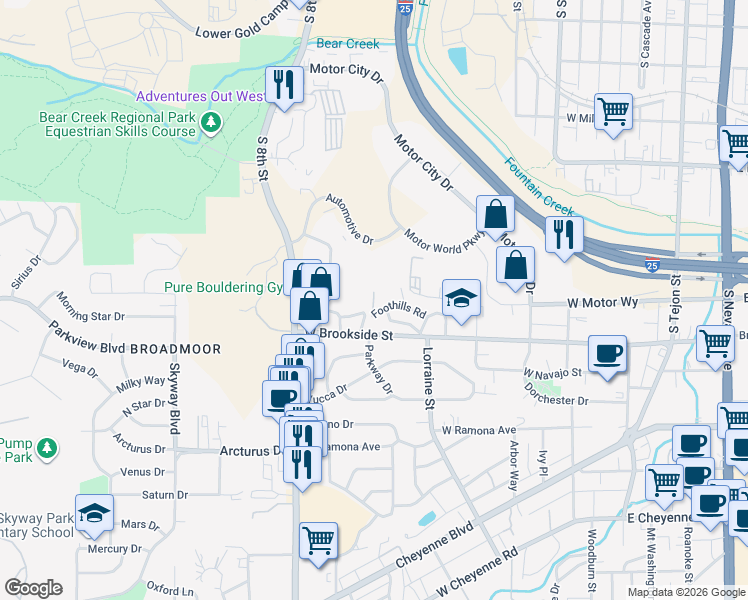 map of restaurants, bars, coffee shops, grocery stores, and more near 1338 East Parkway Drive in Colorado Springs