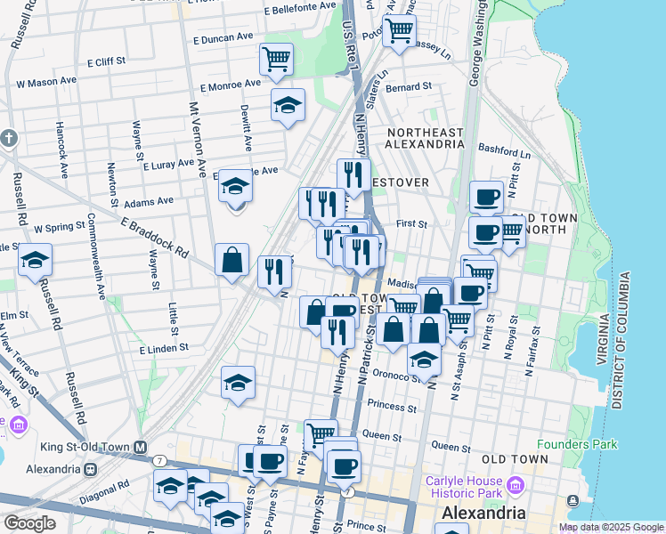 map of restaurants, bars, coffee shops, grocery stores, and more near 806 North Fayette Street in Alexandria