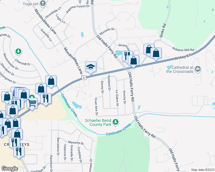 map of restaurants, bars, coffee shops, grocery stores, and more near 14075 Sunland Drive in Florissant