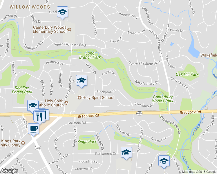 map of restaurants, bars, coffee shops, grocery stores, and more near 5021 Cockney Court in Annandale
