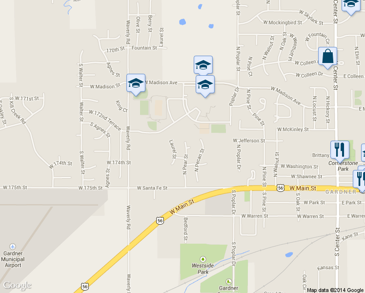 map of restaurants, bars, coffee shops, grocery stores, and more near 324 North Pear Street in Gardner