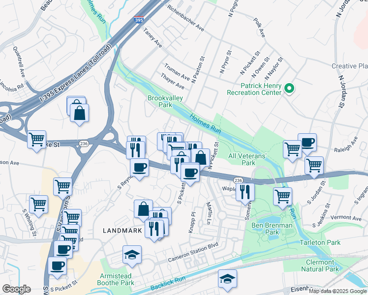 map of restaurants, bars, coffee shops, grocery stores, and more near 39 Canterbury Square in Alexandria
