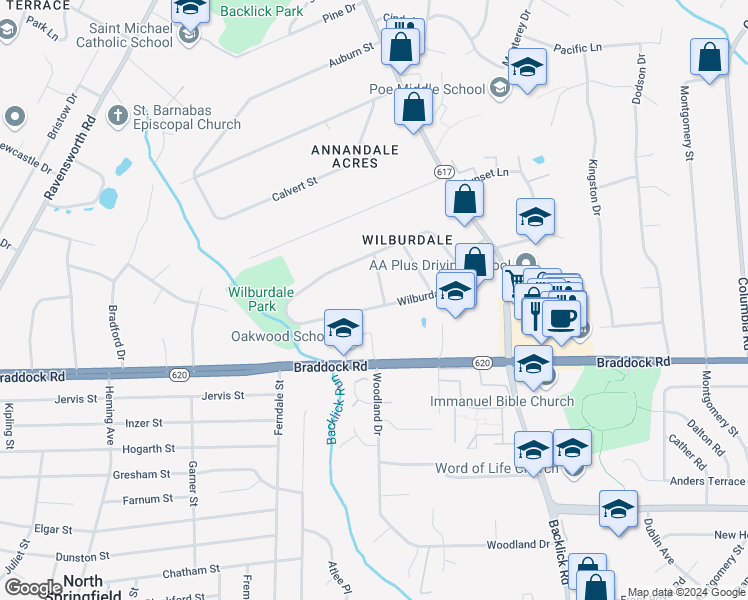 map of restaurants, bars, coffee shops, grocery stores, and more near 7200 Wilburdale Drive in Annandale