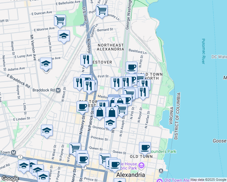 map of restaurants, bars, coffee shops, grocery stores, and more near 831 North Columbus Street in Alexandria
