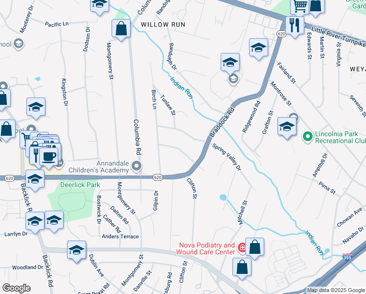 map of restaurants, bars, coffee shops, grocery stores, and more near 6616 Pine Road in Alexandria