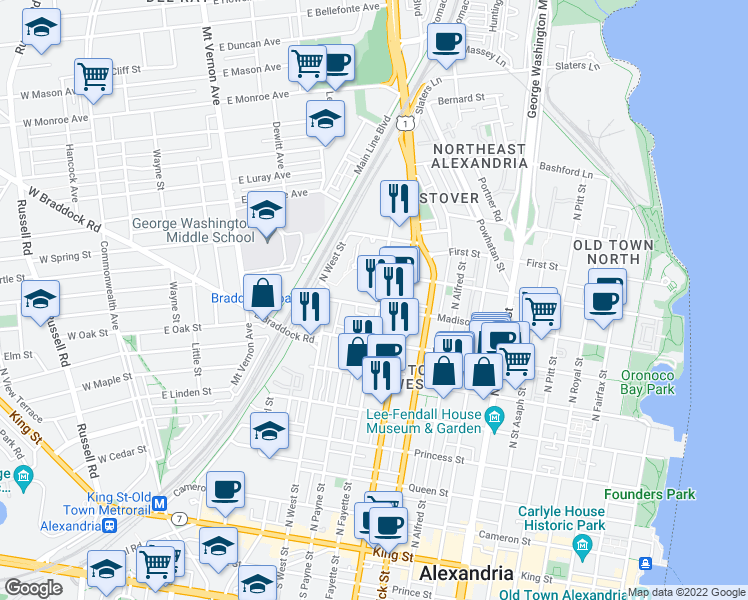 map of restaurants, bars, coffee shops, grocery stores, and more near 806 North Fayette Street in Alexandria