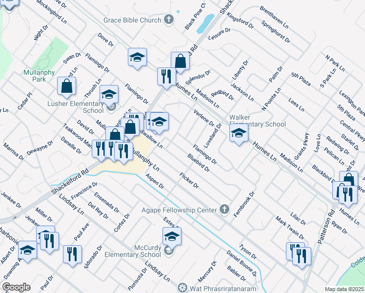 map of restaurants, bars, coffee shops, grocery stores, and more near 1495 Bluebird Drive in Florissant