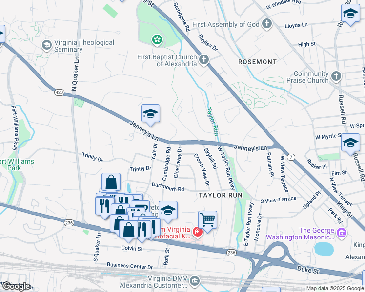 map of restaurants, bars, coffee shops, grocery stores, and more near 411 Cloverway Drive in Alexandria