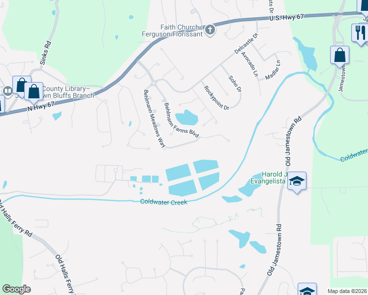 map of restaurants, bars, coffee shops, grocery stores, and more near 329 Behlmann Meadows Way in Florissant