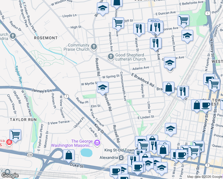 map of restaurants, bars, coffee shops, grocery stores, and more near 20 West Masonic View Avenue in Alexandria