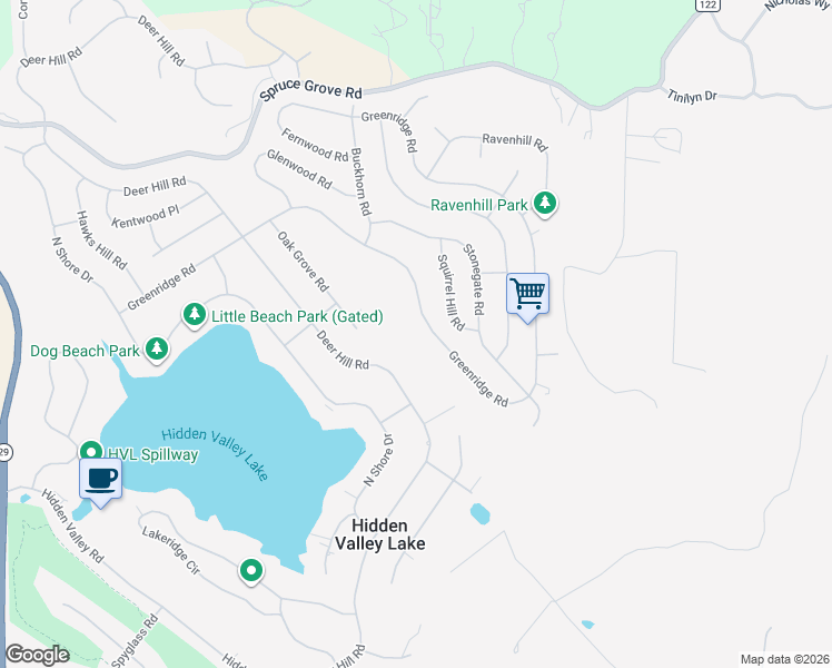 map of restaurants, bars, coffee shops, grocery stores, and more near 18864 Deer Hill Road in Hidden Valley Lake