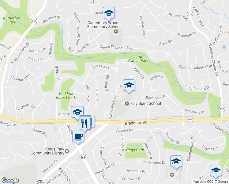 map of restaurants, bars, coffee shops, grocery stores, and more near 5022 Woodland Way in Annandale