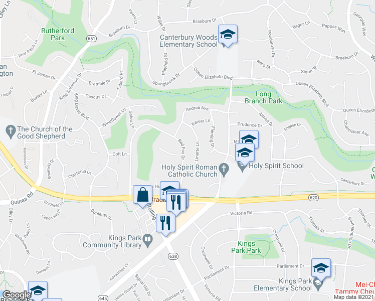 map of restaurants, bars, coffee shops, grocery stores, and more near 4828 Red Fox Drive in Annandale
