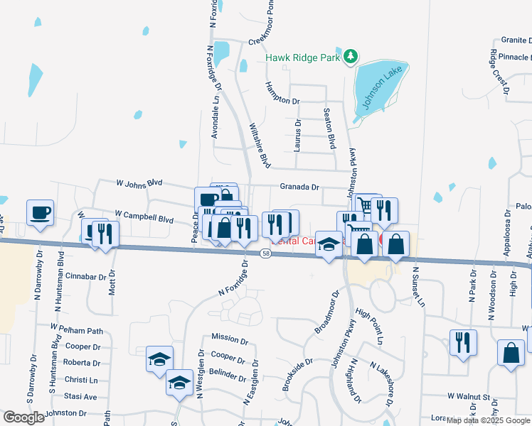 map of restaurants, bars, coffee shops, grocery stores, and more near 510 Allen Court in Raymore