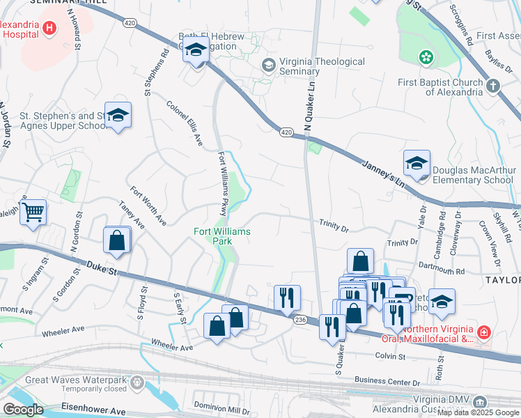 map of restaurants, bars, coffee shops, grocery stores, and more near 3613 Trinity Drive in Alexandria