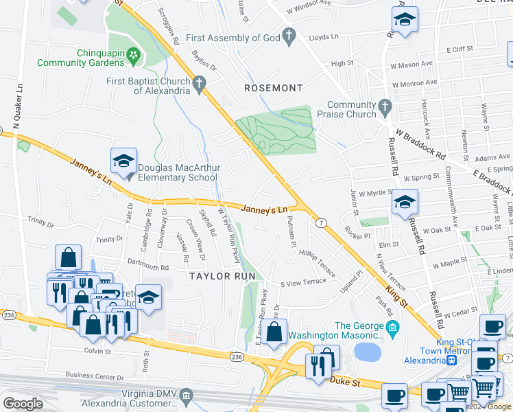 map of restaurants, bars, coffee shops, grocery stores, and more near 521 Janneys Lane in Alexandria