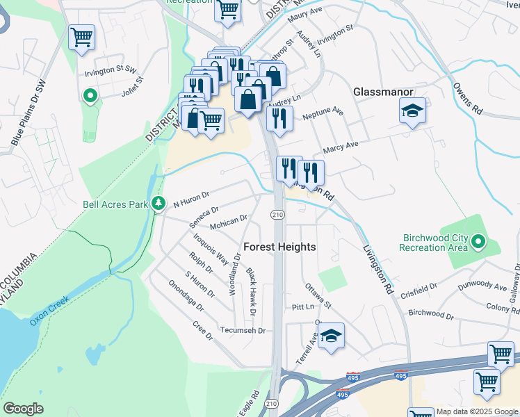 map of restaurants, bars, coffee shops, grocery stores, and more near 5506 Woodland Drive in Oxon Hill