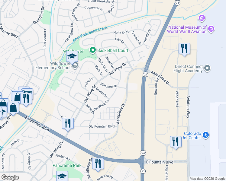 map of restaurants, bars, coffee shops, grocery stores, and more near 1280 Jet Wing Circle in Colorado Springs