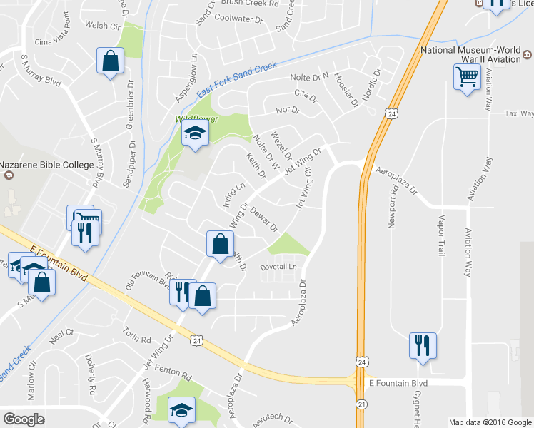 map of restaurants, bars, coffee shops, grocery stores, and more near 4942 Dewar Dr in Colorado Springs